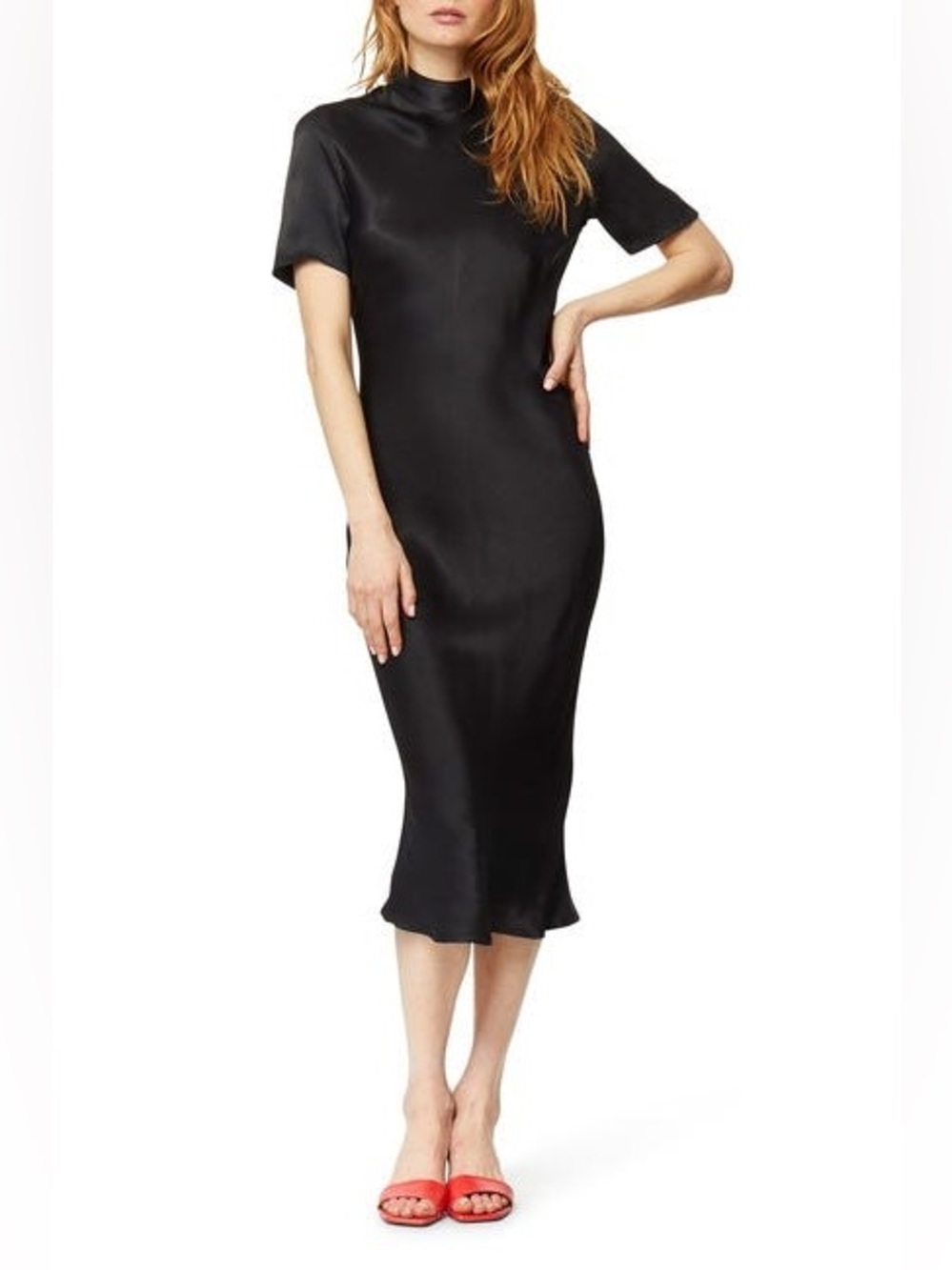 Habitual Elton Satin Black Mock-Neck Midi Dress